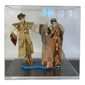 20th Century Pair of Oriental Puppet Doll Sculptures With Original Silk Costumes