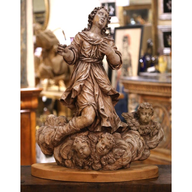 Baroque Pair 18th Century Italian Baroque Carved Painted Wood Adoring Angel Sculptures For Sale - Image 3 of 16
