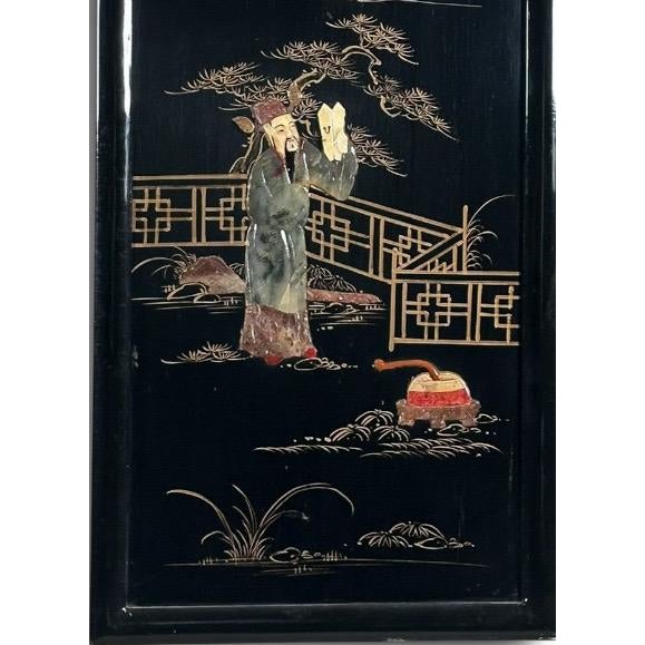 Wood Vintage Chinese Black Lacquer and Inlaid Soapstone Wall Panels Set of Four For Sale - Image 7 of 16
