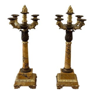 Pair Antique French Empire Patinated Bronze and Gold Bronze With Sienna Marble Candelabra, Circa 1840 For Sale