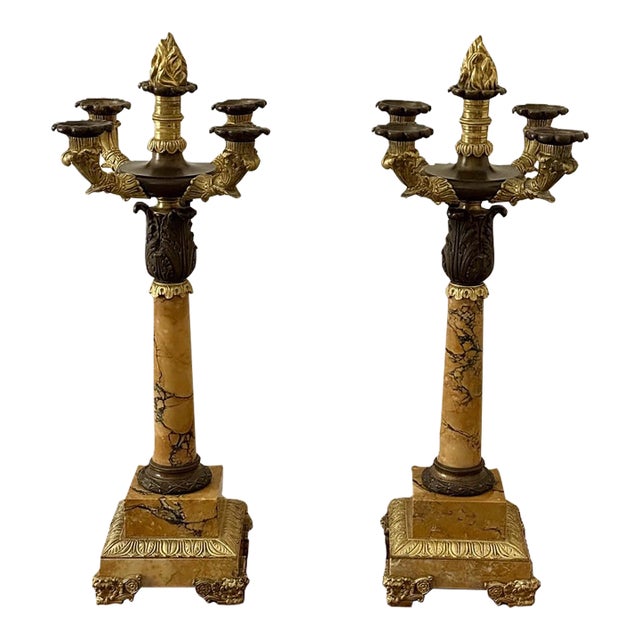 Pair Antique French Empire Patinated Bronze and Gold Bronze With Sienna Marble Candelabra, Circa 1840 For Sale