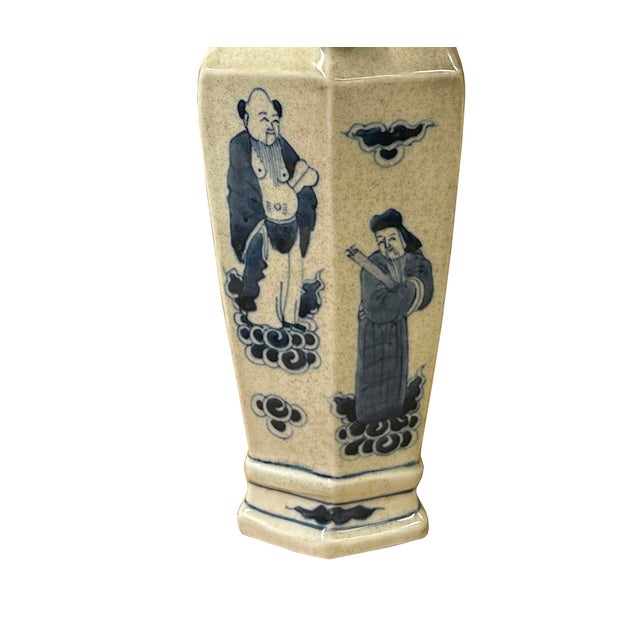 Vintage Rhombus Shape Blue White Eight Immortal Graphic Porcelain Vase For Sale - Image 17 of 18