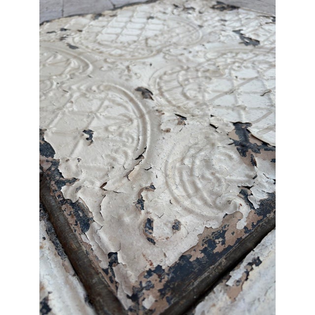 White Salvage Tin Ceiling Tiles – Ornate Scroll & Diamond Lattice Design – Original Architectural Victorian Antique For Sale - Image 8 of 12