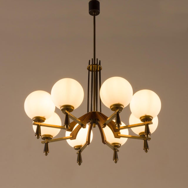 Mid-Century Modern Mid-Century Italian Chandelier in Brass and Teak, 1960s For Sale - Image 3 of 11