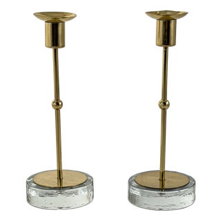 Scandinavian Modern Brass and Glass Candlesticks by Gunnar Ander, 1950, Set of 2 For Sale