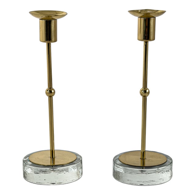 Scandinavian Modern Brass and Glass Candlesticks by Gunnar Ander, 1950, Set of 2 For Sale