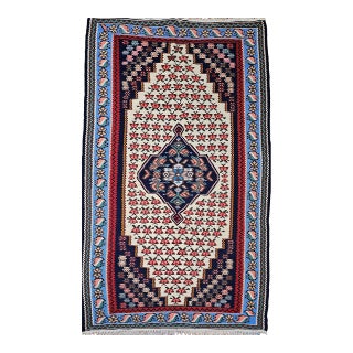 Vintage Persian Senneh Kilim Area Rug, Handwoven Wool, Floral Pattern, Ivory & Blue, 3x6 For Sale