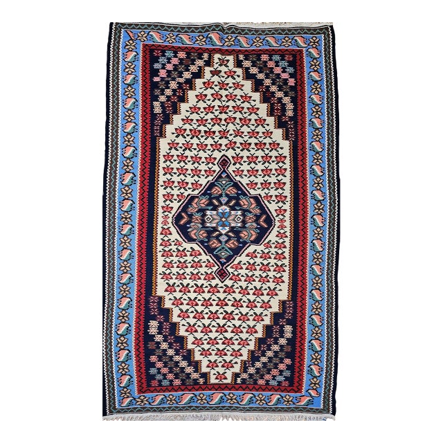 Vintage Persian Senneh Kilim Area Rug, Handwoven Wool, Floral Pattern, Ivory & Blue, 3x6 For Sale