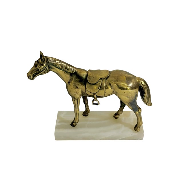 Vintage Brass Equestrian Horse Bookends on White Marble Bases – Pair of Western Style Horse Sculptures For Sale - Image 6 of 14