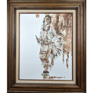 Mid 20th Century R. Scott Signed Mixed Media Native American Figure Drawing, Watercolor Ink on Paper, Framed Fine Art For Sale