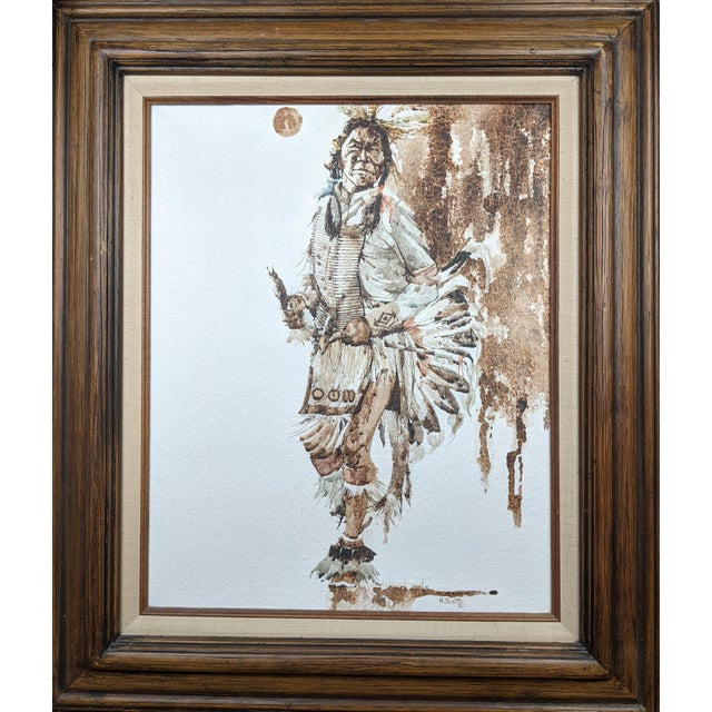 Mid 20th Century R. Scott Signed Mixed Media Native American Figure Drawing, Watercolor Ink on Paper, Framed Fine Art For Sale