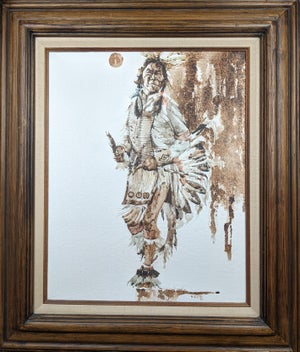 Mid 20th Century R. Scott Signed Mixed Media Native American Figure Drawing, Watercolor Ink on Paper, Framed Fine Art