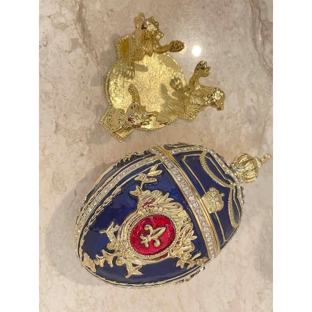Pierre Lorren Handmade Faberge Egg Style Trinket Fabergé Egg Style Austrian Crystal Diamond Pure Gold Deco Hand Painted 5 Star Egg & Handmade Bracelet For Sale - Image 10 of 12