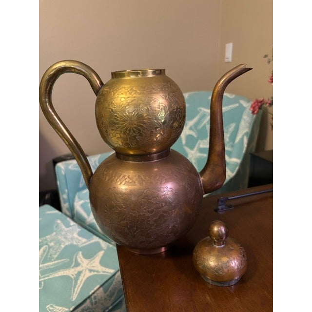 Chinese Vintage Chinese Brass & Copper Decorative Ewer – Turkish‑Style Coffee Pot For Sale - Image 3 of 5