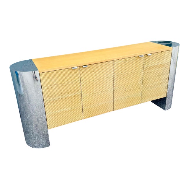 Postmodern Chrome and Ribbed Wood Credenza For Sale
