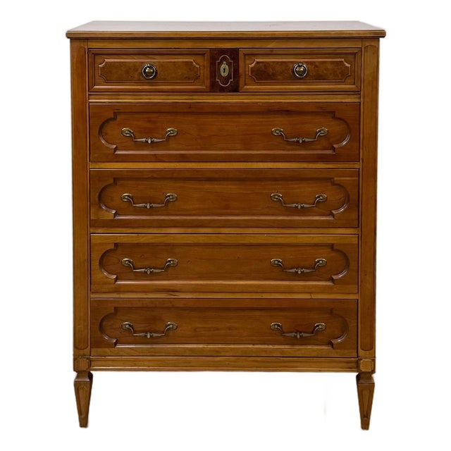 Vintage Thomasville Transitional Tallboy Dresser, Burlwood Accents, MCM Casegood For Sale