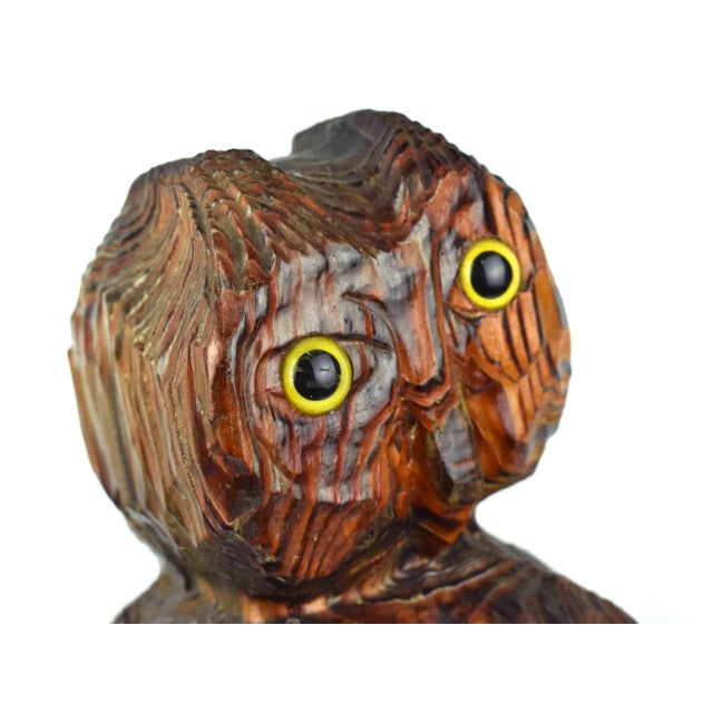Brown 1980 Large Hand Carved Solid Wood Brutalist Owl Totem Style Sculpture Signed For Sale - Image 8 of 17