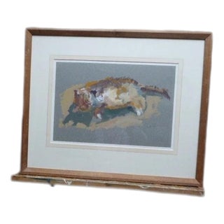 Caroline Duckworth King, Reclining Cat, 1970s, Oil Painting on Paper, Framed For Sale