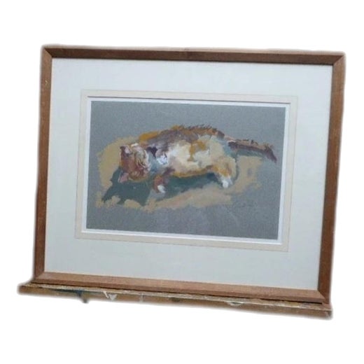 Caroline Duckworth King, Reclining Cat, 1970s, Oil Painting on Paper, Framed For Sale