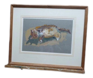 Caroline Duckworth King, Reclining Cat, 1970s, Oil Painting on Paper, Framed