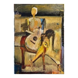 Lyrical Abstraction by Helen Zarin, Mixed-Media Painting on Canvas of Guitarist. 69.5" X 49.5" For Sale