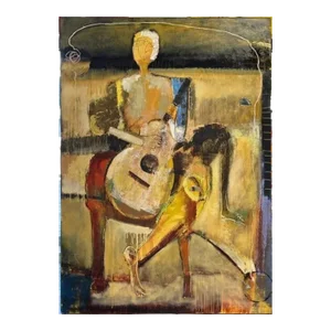Lyrical Abstraction by Helen Zarin, Mixed-Media Painting on Canvas of Guitarist. 69.5" X 49.5"