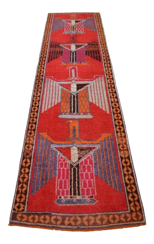 1970s Vintage Hand Knotted Tribal Turkish Rug Runner Hallway Decor Eagles Pattern