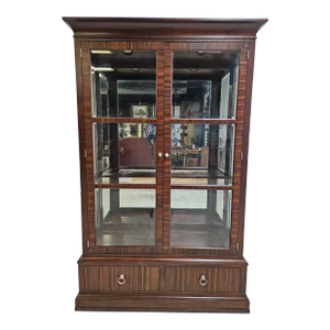 1990s Ethan Allen Brighton Mahogany China Cabinet Breakfront Hutch Display Zebra Wood