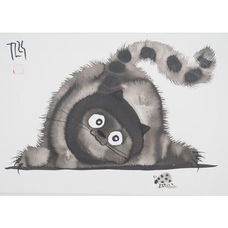Laszlo Tibay, Chat observant une coccinelle, Ink & Wash Drawing For Sale