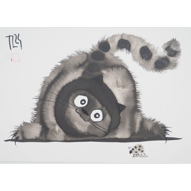 Laszlo Tibay, Chat observant une coccinelle, Ink & Wash Drawing For Sale