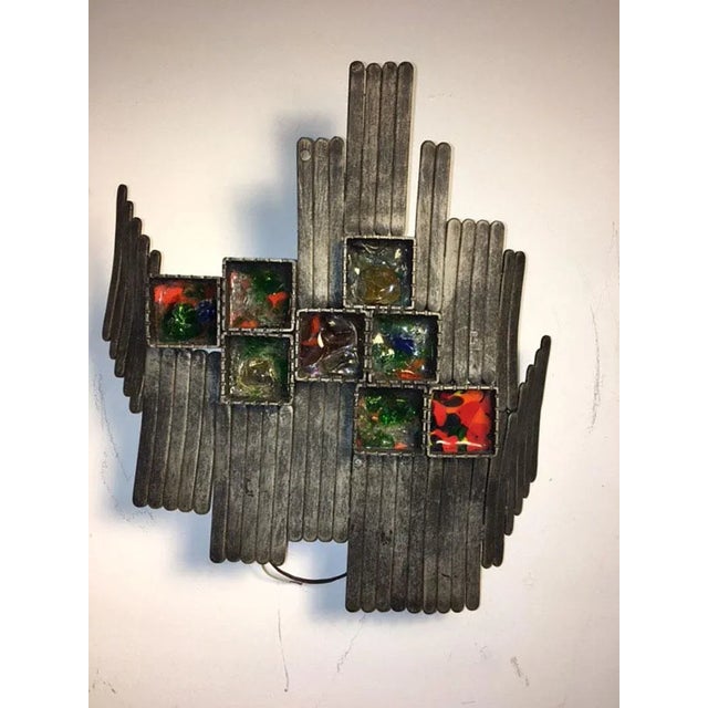 Brutalist Pair of Mid Century Italian Brutalist Blackened Iron & Geometric Multi Colored Murano Glass Sconces For Sale - Image 3 of 9