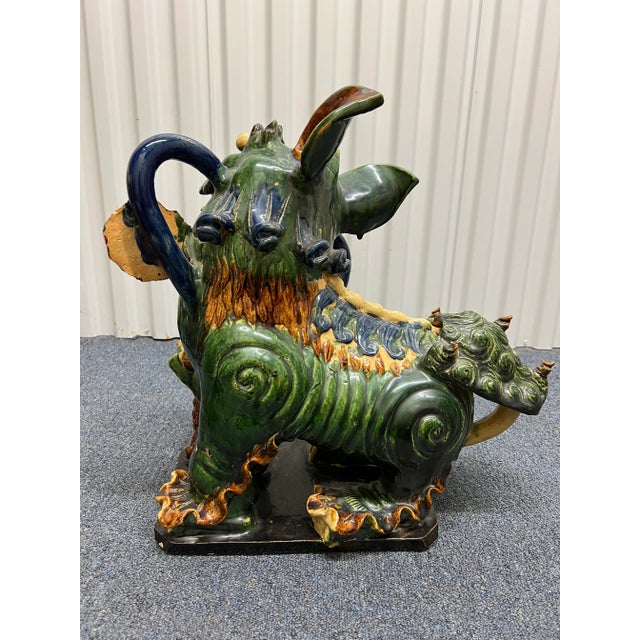 Chinese Antique Italian Majolica Chinese Foo Dog or Guardian Lion Sculptures- a Pair For Sale - Image 3 of 12