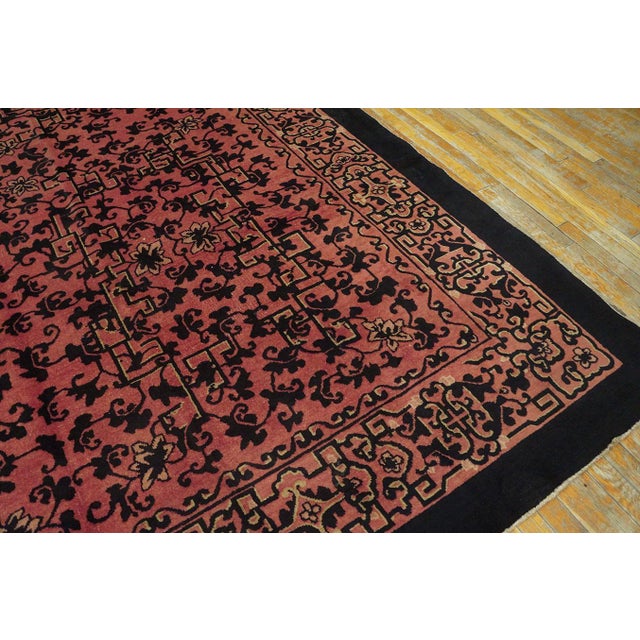 Beautiful Coral Red Background and Black Border Color With Chinoiserie Pattern Antique Chinese Art Deco Rug For Sale - Image 4 of 5