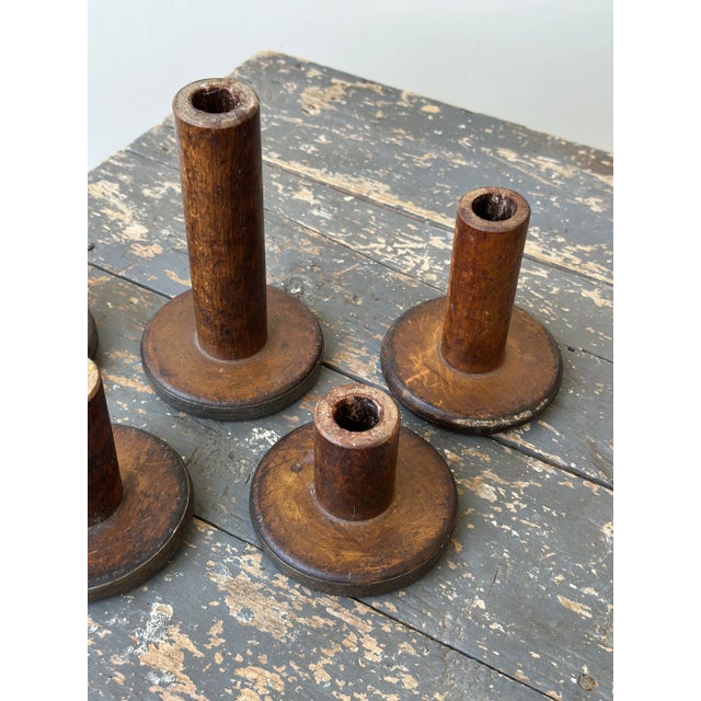 Wood Vintage Folk Art Repurposed Textile Spool Candleholders, Set of Five, Circa 1950s For Sale - Image 7 of 10