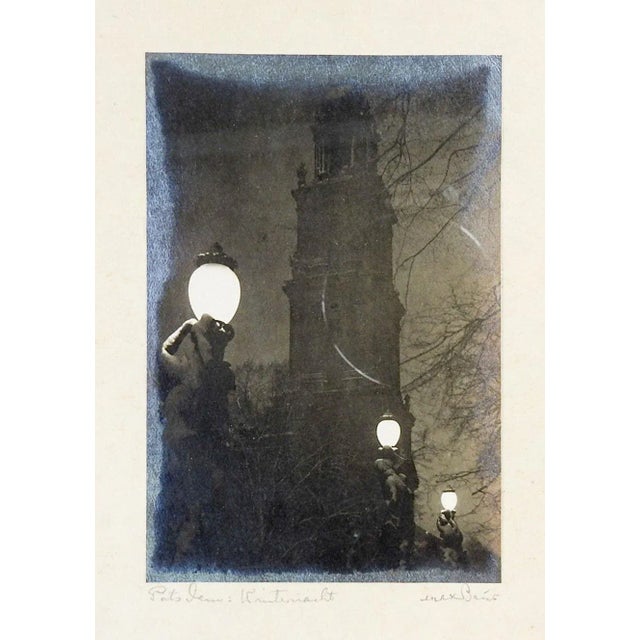 Pair of vintage silver gelatin photographs. European formal garden and street lights. Signed and titled in pencil along...