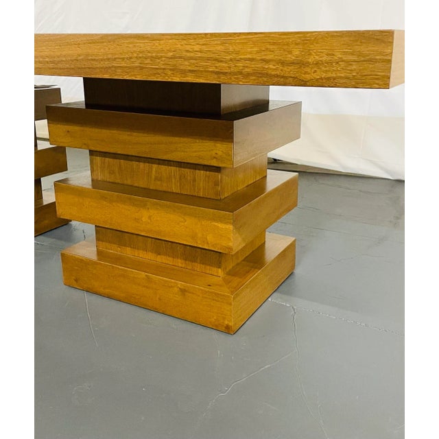Modern Oak Double Pedestal Base Dining / Conference Table, Geometric Design For Sale - Image 9 of 13