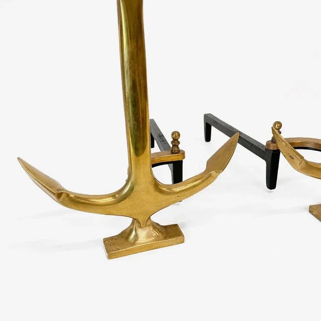 Pair of Vintage Brass Boat Anchor Andirons, Circa 1940s For Sale - Image 9 of 10