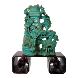 Late Qing Carved Turquoise Stone Snuff Bottle on Zitan Stand