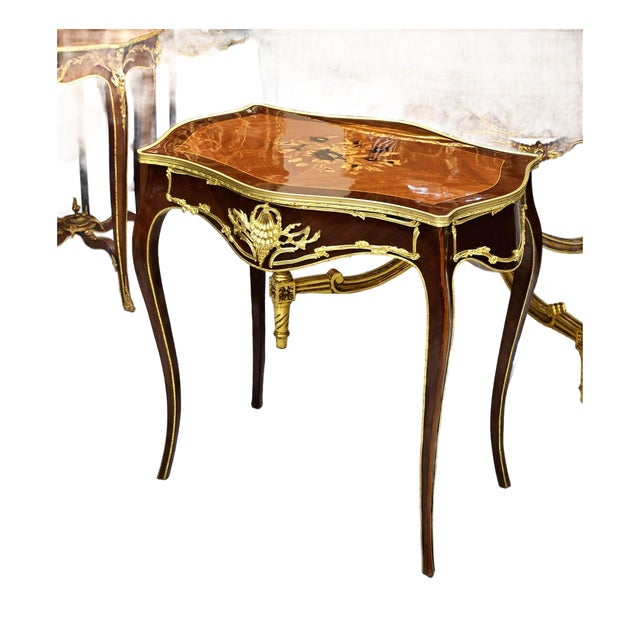 Italian Louis XV Floral Marquetry Side Table With Gold Leaf Accents & Elegant Cabriole Legs For Sale