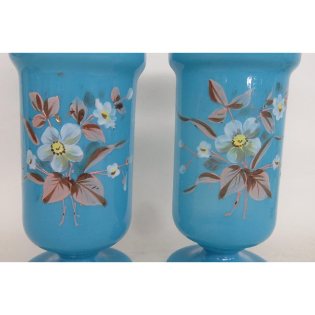Turquoise Blue Opaline Glass Vase Pair of 2 With Hand Painted Floral Motif 5071b For Sale - Image 4 of 11