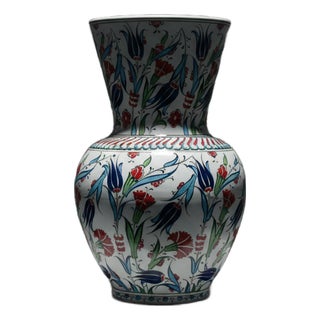 Handmade Ceramic Vase (30cm) Traditional Turkish Carnation & Tulip Pattern – Classic Flared Neck Decor For Sale