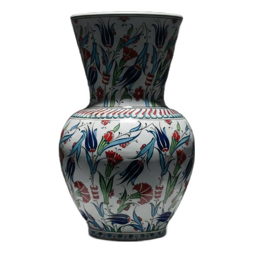Handmade Ceramic Vase (30cm) Traditional Turkish Carnation & Tulip Pattern – Classic Flared Neck Decor For Sale