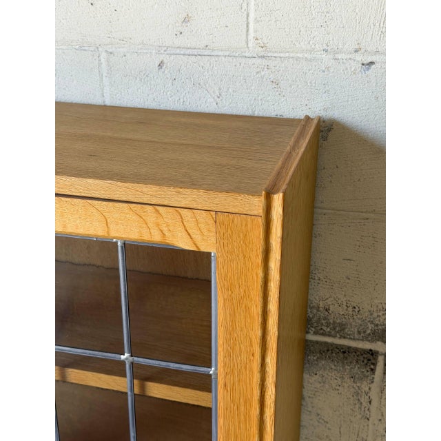 Oak Leaded Glass 2-Door Bookcase Vintage Mid-Century Modern 1970s For Sale - Image 9 of 11