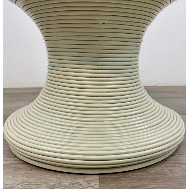 Stylish Modern White Rattan Hourglass Storage Stool, oatmeal fabric seat cushion, showroom floor sample