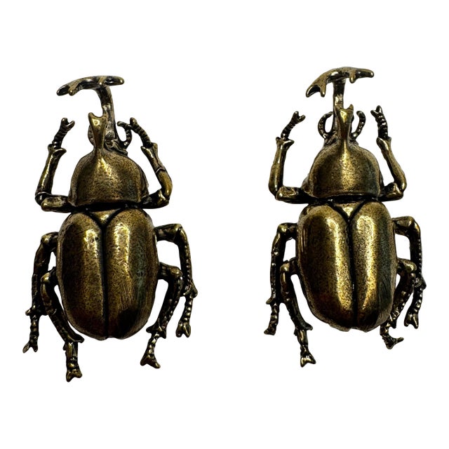 Pair of Vintage Victorian Revival Solid Brass Beetle Cabinet Knobs Hardware For Sale
