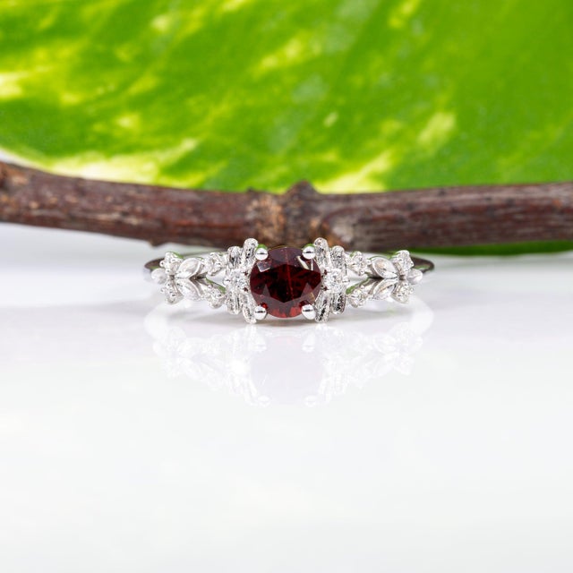 2020s Red Spinel Ring With Earth-Mined Diamond Accents: Solid 14k Gold, Round 5mm, Size 6.75 For Sale - Image 5 of 9