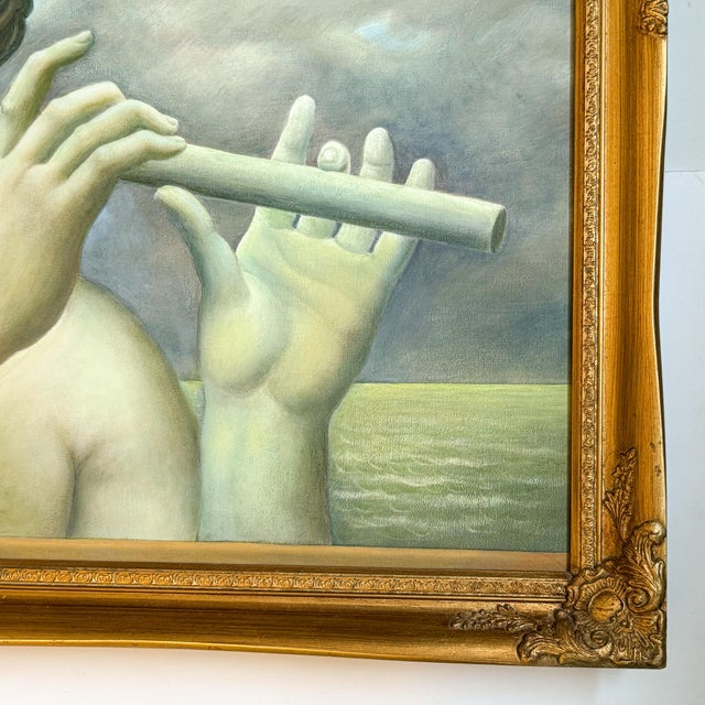 A captivating surrealist composition attributed to Danish-born artist Jan Rithamer (1944–1995), presented in its original...