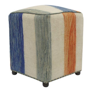 Bohemian Wilkie Beige/Blue Handmade Kilim Upholstered Ottoman For Sale