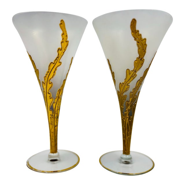 1940s Frosted Glass Wine Flutes With Gold Leaf Motif – Pair For Sale
