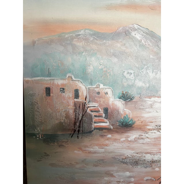 Late 20th Century Late 20th Century Large Signed Southwestern Adobe Village Landscape Painting on Canvas For Sale - Image 5 of 11